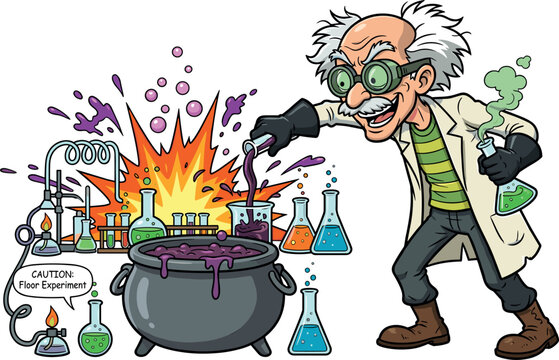 Mad Scientist Cartoon Character Conducting a Dangerous Chemistry Laboratory Experiment with Exploding Potions, Flasks, and Cauldron Vector IllustrationMad Scientist Cartoon Character Conducting a Dang