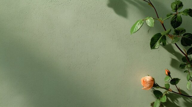 Sage green plaster wall background with large empty copy space and delicate peach rose vine in soft dappled leaf shadows