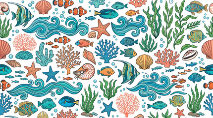 Seamless Ocean Pattern and Marine Life Background Featuring Hand Drawn Coral Reef Elements, Tropical Fish, Sea Shells, Starfish, and Water Waves © MdMonirul