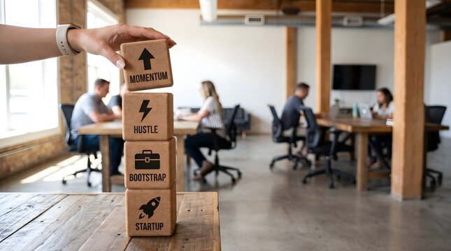 Person stacking wooden blocks with startup business words in office