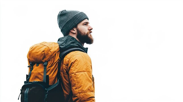 Man in a hiking outfit, backpack on, isolated on a pure white background, adventurous