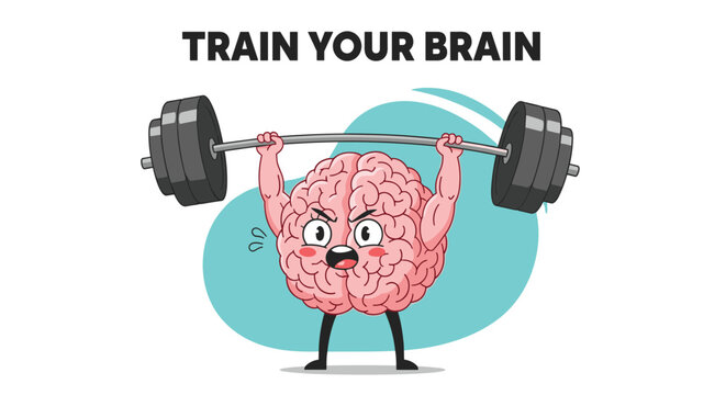 Cute cartoon brain character intensely lifting a heavy barbell, accompanied by the motivational text "TRAIN YOUR BRAIN", symbolizing mental exercise and development.
