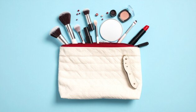 Professional flat lay cosmetic photography showing a cream fabric makeup bag with tex.