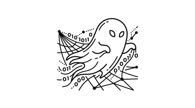 Digital Ghost Icon with Binary Code and Network Lines
