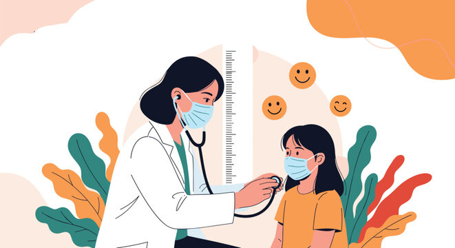 Female doctor wearing a face mask examines a young girl, also in a mask, with a stethoscope, surrounded by a height chart and cheerful smiley faces, emphasizing safe pediatric care.