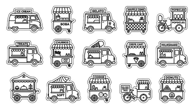 Outline icons of dessert food trucks, churro stands, and sweet delivery bikes on black background.