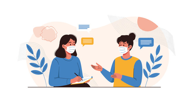 Two individuals, both wearing face masks, engaged in a conversation with gestures, one actively taking notes, surrounded by speech bubbles, symbolizing a masked consultation.