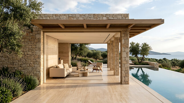 Modern outdoor living space with pool and stone structure overlooking water