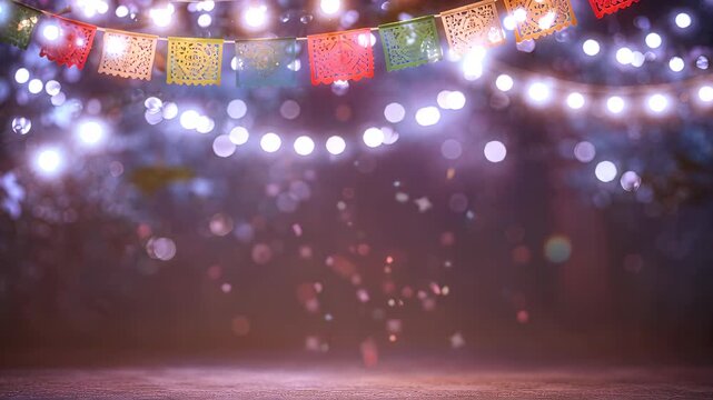 Colorful mexican festive flags and glowing lights with empty space for text, celebration background, cinco de mayo decoration, fiesta atmosphere.