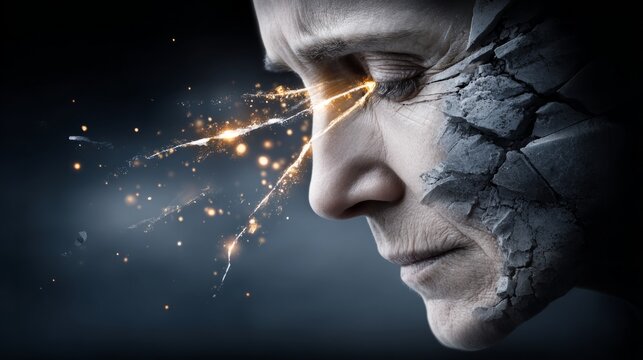 Inner struggle unfolds in a woman's face revealing deep conflict and pain
