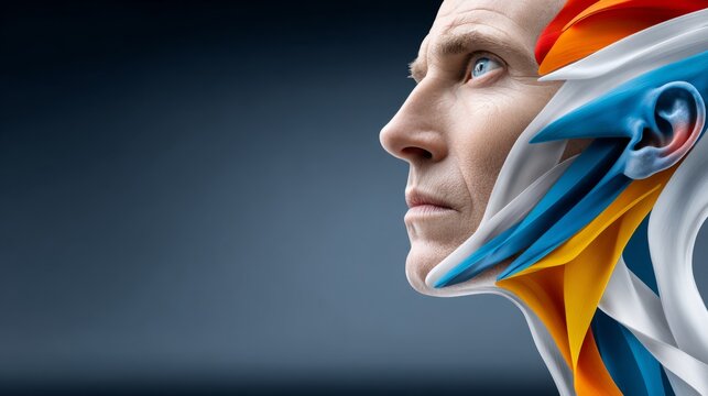 Man with artistic face design showcasing human anatomy and creativity in a modern display