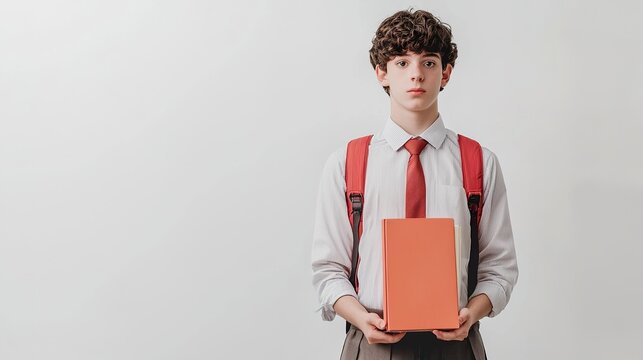 Teenager in a school uniform, standing with books, isolated on a pure white background, academic