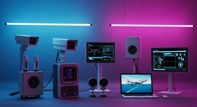Airport surveillance technology and monitoring equipment displayed under vibrant neon lighting