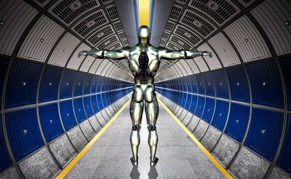 Futuristic Metallic Cyborg Standing with Open Arms in Cyberpunk Tunnel