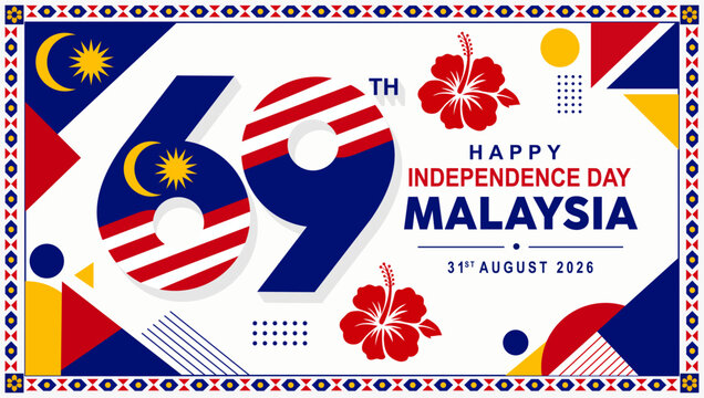 Malaysia Independence Day horizontal banner template. Features bold 69th typography with the national flag emblem, blooming red hibiscus flowers, and an intricate traditional cultural frame border.
