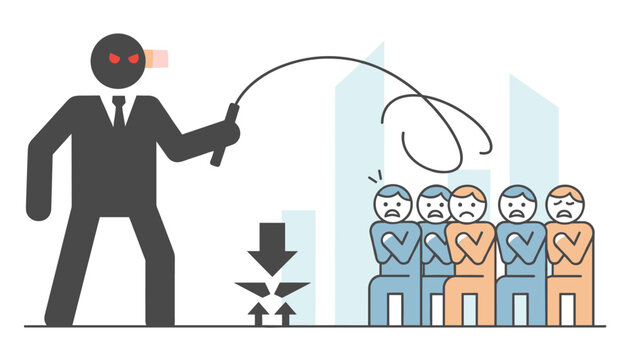 Conceptual illustration depicting a harsh boss whipping scared employees in a stressful office environment.