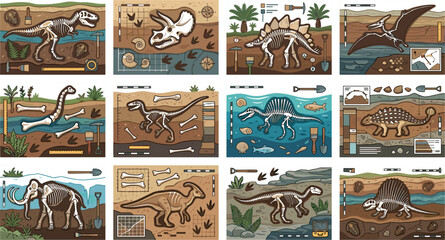 Educational Dinosaur Skeleton and Fossil Excavation Infographic Vector Set Featuring Prehistoric Animal Bones, Paleontology Dig Site Cards, and Archaeology Diagrams © MdMonirul