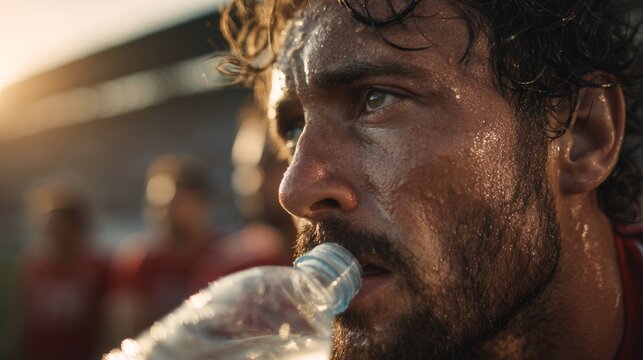 footballer drinking water during hydration break