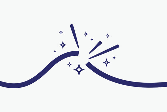 Abstract graphic of a broken blue line with sparkling stars symbolizing disconnection, spark, and electrical failure.