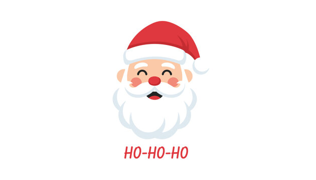 Happy Santa Claus head with a big white beard and red hat is shown with text ho-ho-ho below his face.