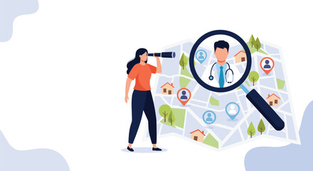 Fototapeta premium Woman searching for a doctor or medical professional on a map using a magnifying glass, depicting healthcare access.