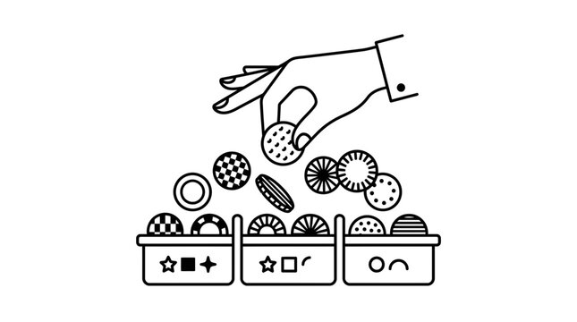 Hand sorting patterned coins into three containers