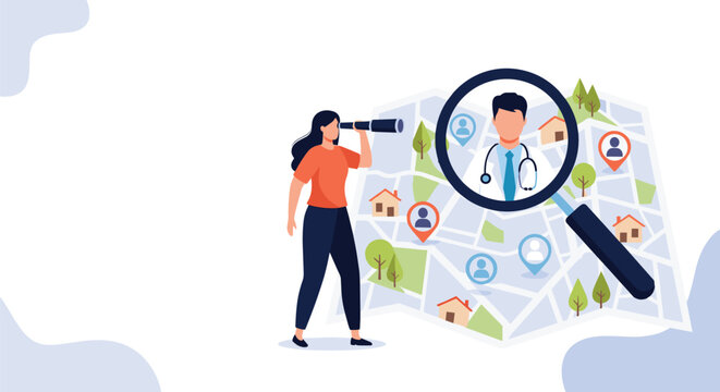 Woman searching for a doctor or medical professional on a map using a magnifying glass, depicting healthcare access.