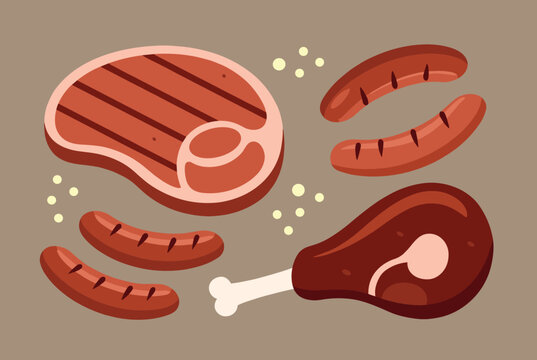 Selection of raw fresh meats including steak t bone bone in ham and sausages for barbecue grilling recipes.