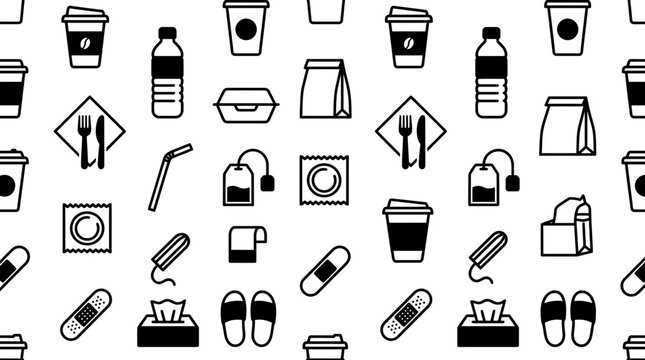 Seamless Pattern of Everyday Items Icons: Coffee, Drinks, Food, Hygiene & Comfort