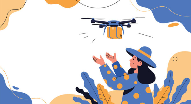 Woman eagerly reaching for a package delivered by a modern drone, symbolizing efficient autonomous delivery services.