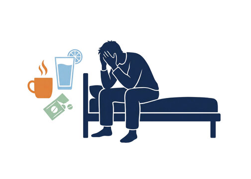 Men suffering hangover symptoms on bed with coffee water and medicine for International Hangover Day vector illustration