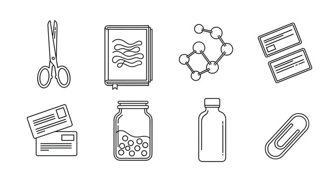 Diverse collection of minimalist outline icons, including everyday objects, science, and business elements.