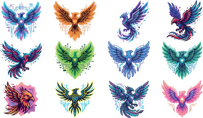 Futuristic Cyberpunk Phoenix Mascot Icon Set with Neon Glowing Glitch Effects and Tech Elements for Gaming Esport Branding Vector Designs © MdMonirul
