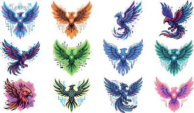 Futuristic Cyberpunk Phoenix Mascot Icon Set with Neon Glowing Glitch Effects and Tech Elements for Gaming Esport Branding Vector Designs