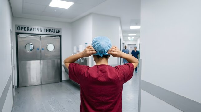 Surgeon adjusting uniform in a sterile hospital corridor