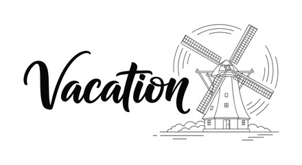 Fototapeta premium A stylized line art illustration of a traditional Dutch windmill with spinning blades stands beside a prominent 