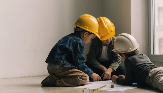 Three children wearing safety helmets are sitting on the floor, engaged in a drawing or building activity indoors near a window.