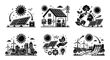 Fototapeta premium Solar Panel Icons Black Silhouette Set On White Background
