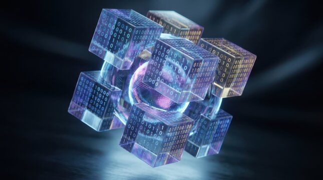 A futuristic 3D digital cube composed of smaller transparent blocks, covered with binary code, representing technology and data networks.