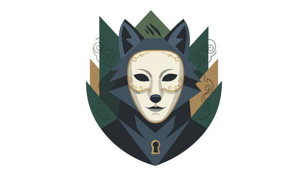 Mystical vector emblem featuring a grey wolf wearing a white masquerade mask against dark green pine mountains and a golden keyhole.