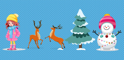 Fototapeta premium Cute winter character and element set vector illustration featuring a little girl, reindeer, snowy pine tree, and a smiling snowman on an isolated transparent background.