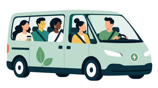 Van with passengers interior sideview showing travelers.