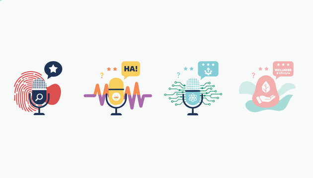 Minimalist set of four podcast theme icons representing true crime, comedy, science, and wellness on a plain background.