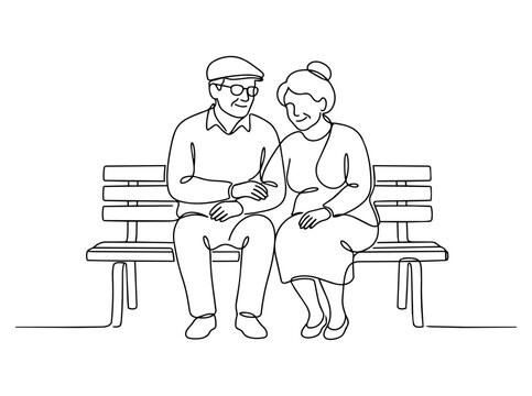 Elderly couple sitting on park bench continuous line drawing