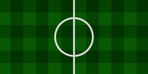 Abstract soccer field background with a checkered pattern in shades of green, featuring a central circle and a vertical line representing the midfield line of a football pitch © Tanjir