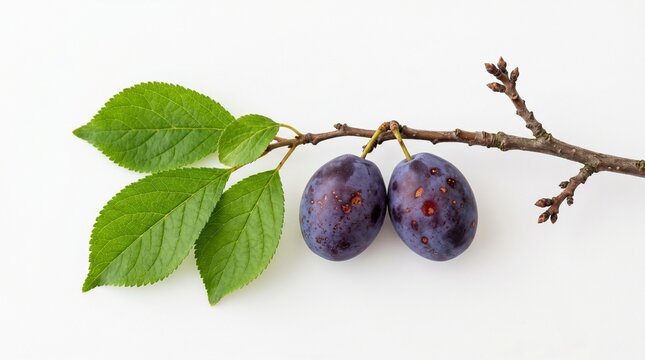 Fresh plums on a tree branch with leaves