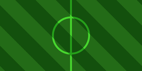 Abstract soccer field background with diagonal stripes and center circle marking, top view of a green grass football pitch pattern for sports design © Tanjir