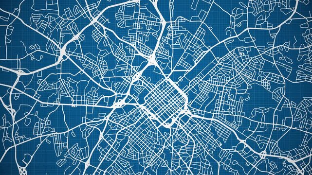 Ink reveal animation of Charlotte city, North Carolina (NC), United States of America, grid map. Aerial top view. Blueprint style. White lines with blue background. 4K Seamless loop.