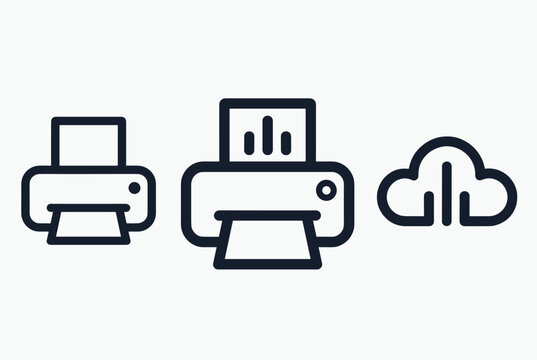 Cloud printing icons featuring standard printer, printing document with graph, and cloud database with statistics.