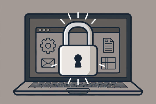 Laptop cybersecurity concept with a large secure padlock shining over system windows and database management icons.